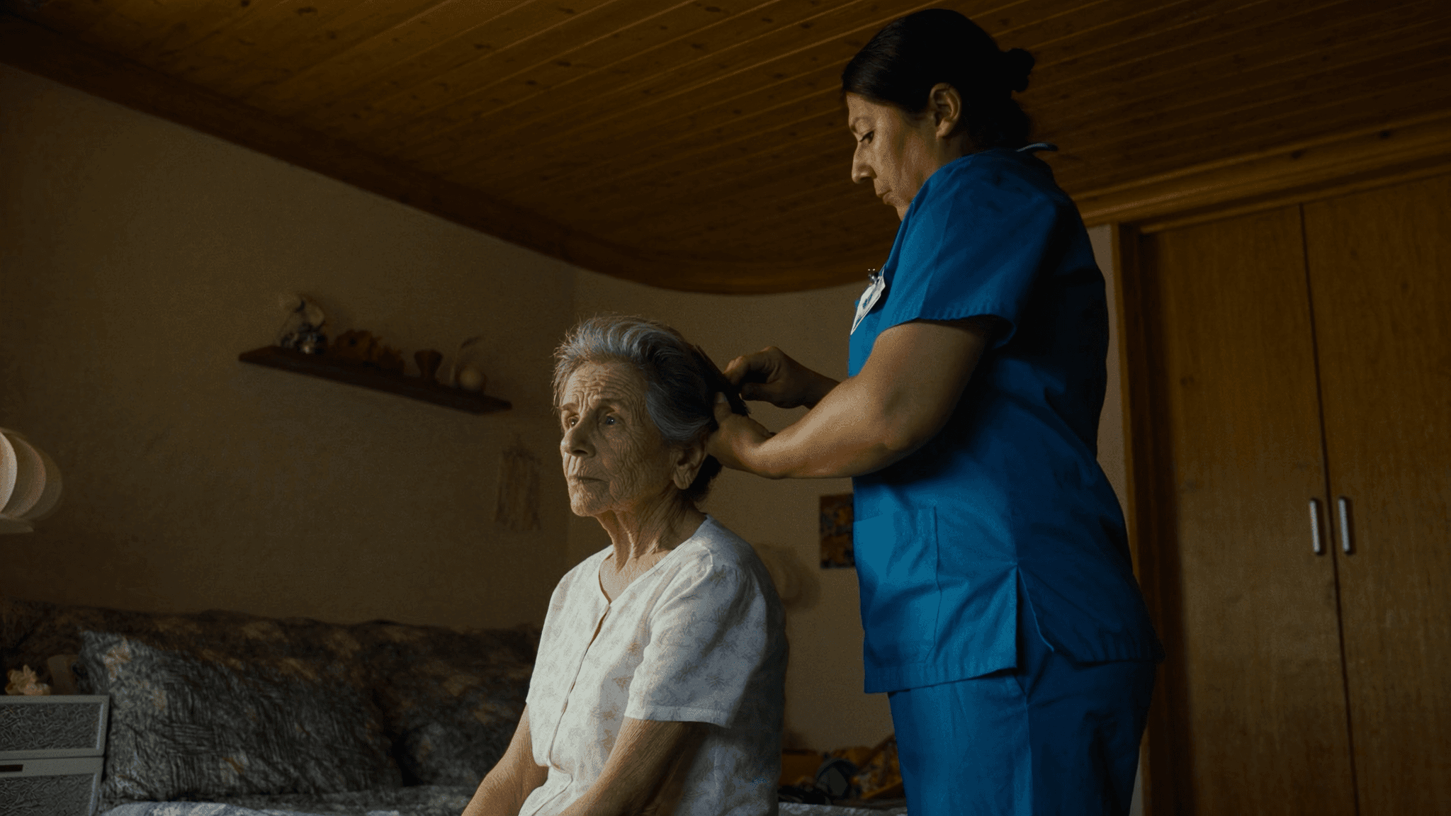 A nurse brushing an elderly patient's hair at home