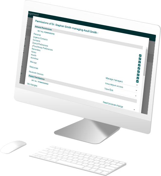Care plan management device 3 with mockups Permissions management features for aTouchAway application on desktop
