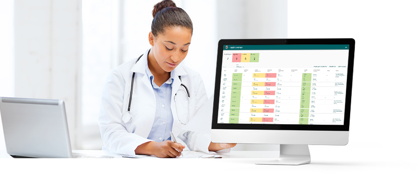 Dashboards Image 1 with mockups Doctor looking at aTouchAway dashboards to review patient information at a glance