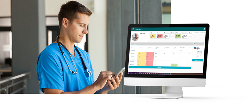 Médecin cherchant l'information d'un patient sur mobile avec un modèle de tableau de bord de patient sur le bureau de l'ordinateur.