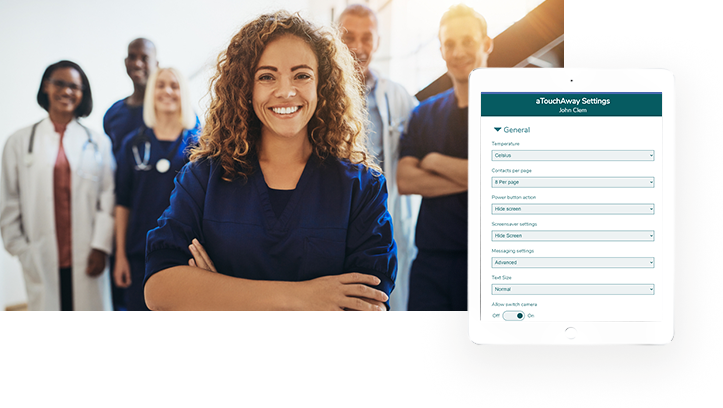 Dashboards Image 3 with mockup aTouchAway General Settings tab on tablet with team of healthcare professionals standing together